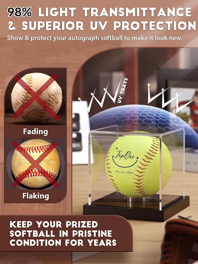 JupDec Softball Display Case Clear Acrylic Ball Holder, UV Protected Cube with Wood Base Stand, Championship Sports Collections Box Showcase, Black