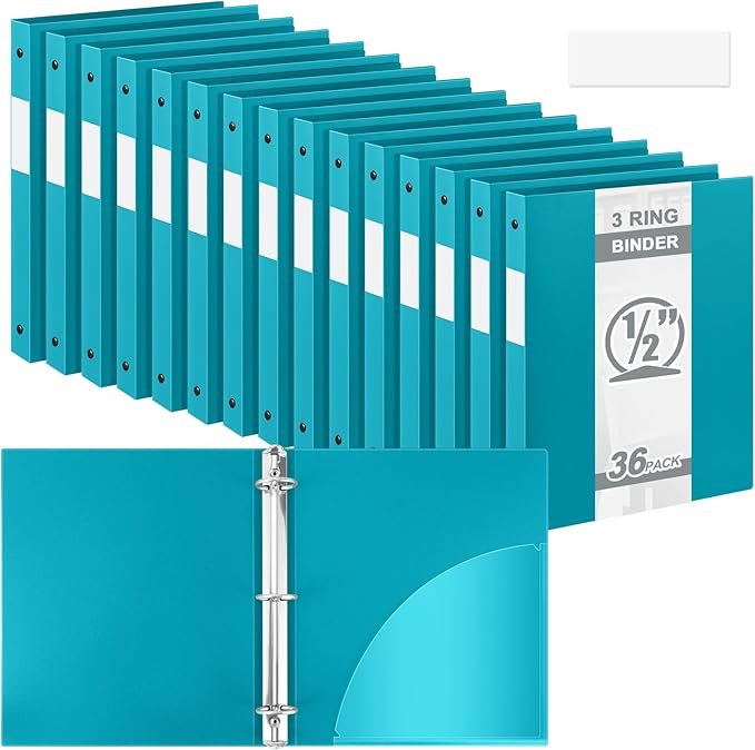 Henoyso 36 Pcs 3 Ring Binder 1/2'' Round Fits Letter Size 8.5'' x 11'' Paper Plastic Flexible Binder Holds 140 Sheets with 1 Pockets Versatile Organizer for Home Office School (Turquoise)