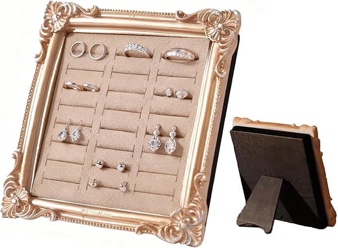 2PCS Jewelry Display Stand Vintage Ring Holder Box Earring Tray Retro Picture Frame Style Ring OrganizerJewelry Frame with Velvet