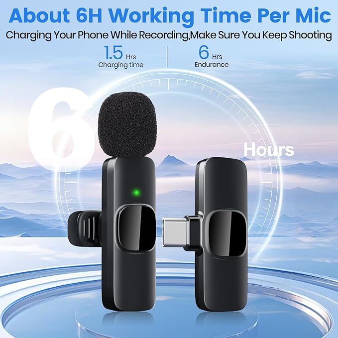 Wireless Lavalier Microphone for iPhone(15/16/17) / Android, Noise Reduction, USB-C Plug and Play Mini Lapel Mic Clip on Microphone Wireless, Ideal for Content Creator, Video Recording, Vlogging