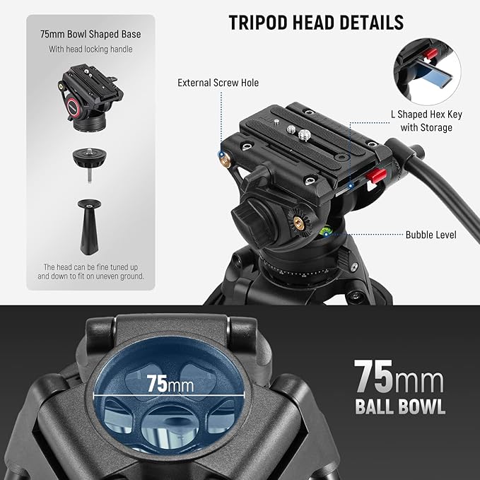 NEEWER 74" Video Tripod with Fluid Head, QR Plate , Aluminum Heavy Duty Camera Tripod Professional for DSLR Cameras Camcorders, Max Load 17.6lb/8kg, TP74