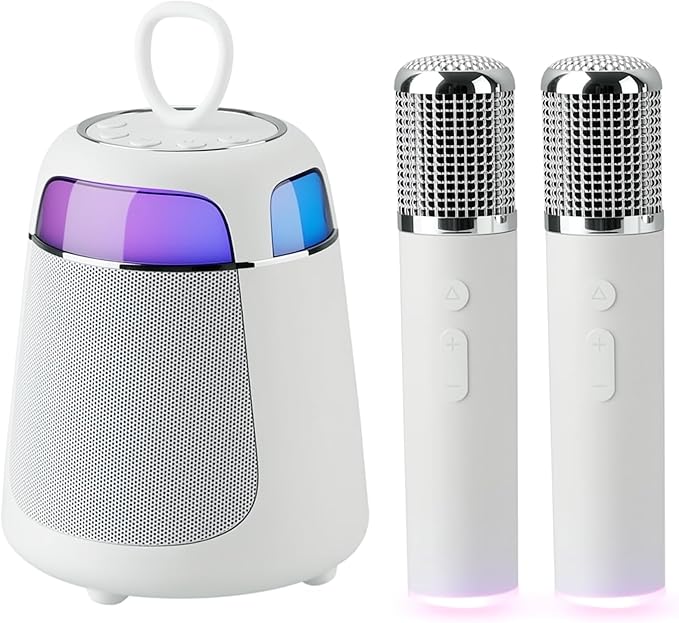 Mini Karaoke Machine with 2 Wireless Microphones, Portable Karaoke Machine for Kids & Adults, 10W Bluetooth Speaker with Voice Changer, Lights, Supports USB/TF/AUX