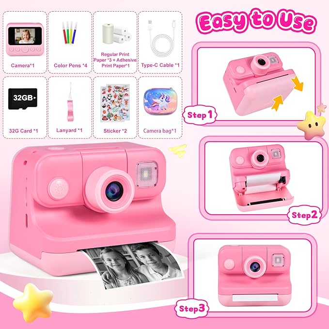 Kids Instant Print Camera with Carrying Bag, 1080P HD Girl Camera with 4 Print Paper Rolls, Color Pens & 32GB Card, Christmas Birthday Gifts Kids Girl Toys for 3-12 Years Old (Pink)