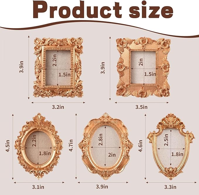 5 Pcs magnetic picture frames for refrigerator:Refrigerator Mini Frames Magnetic Vintage Picture Display with Back Small Antique Picture Frames with Hooks holders and Rope Refrigerator Magnets Photo Display Christmas Decor(Golden 5 Pcs )
