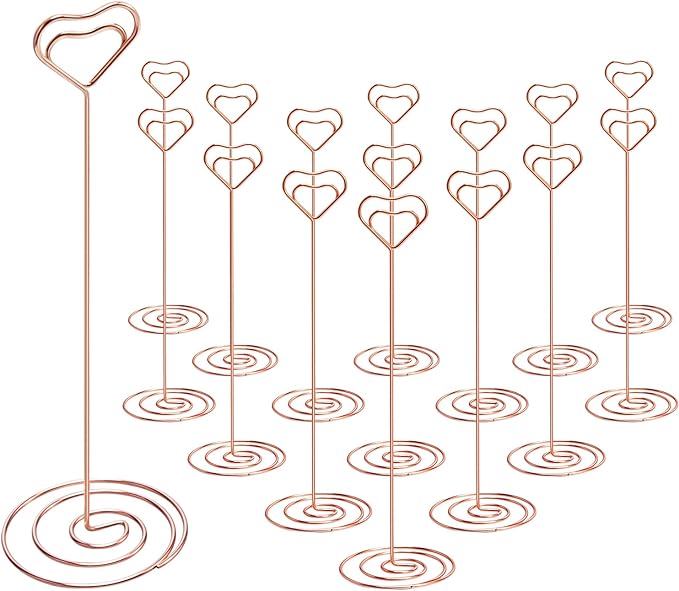 IMAMIN 16pcs Place Card Holders, 8.75 Inches Tall Table Number Holders, Rose Gold Picture Holder for Tables with Heart Shaped Clip for Wedding, Photos, Food Signs, Memo Notes, Restaurant, Birthday