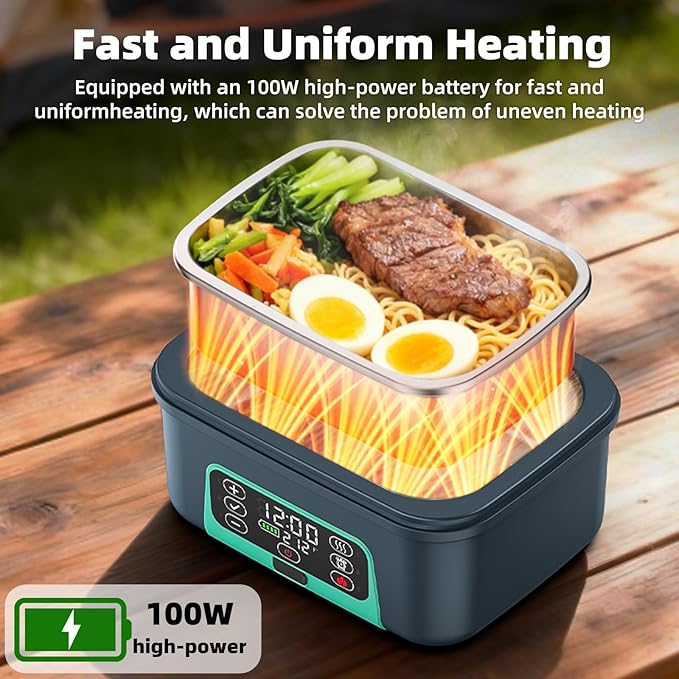 XL 6.3-Cups Cordless Electric Heated Lunch Box for Adults, 20000mAh Rechargeable Battery Powered Smart Self Heating Lunchbox for Men Women, 100W Food Warmer for Trucks Driver Travel Office Worker