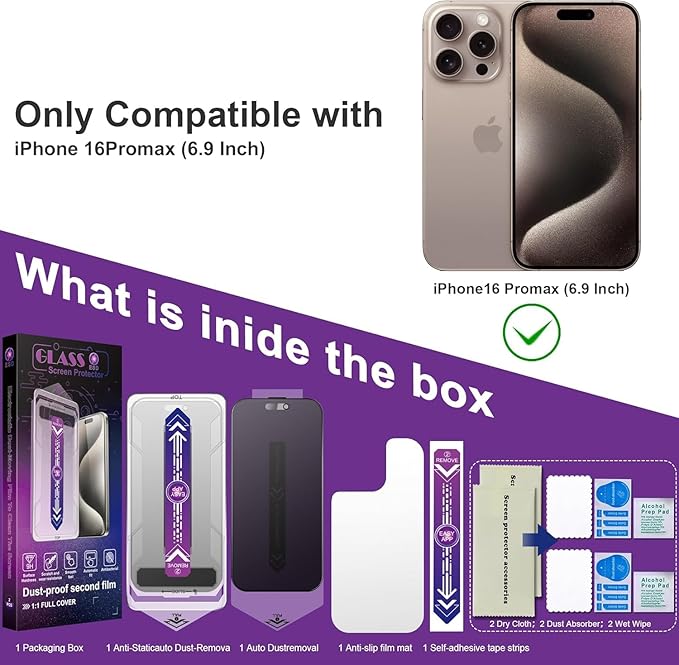 CHRYSHA 2 Pack Matte Privacy Screen Protector for iPhone 16 Pro Max, 9H Tempered Glass, Full Coverage, Anti-Fingerprint, Auto Dust-Elimination, No Bubble, Easy Installation