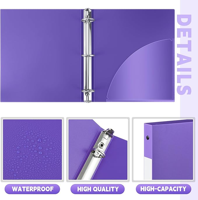 Henoyso 48 Pcs 3 Ring Binder 1/2'' Round Fits Letter Size 8.5'' x 11'' Paper Plastic Flexible Binder Holds 140 Sheets with 1 Pockets Versatile Organizer for Home Office School (Blue Green Purple Red)