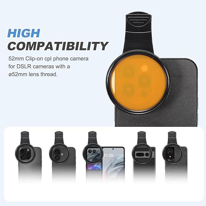 PATIKIL 52mm Phone Camera Lens, Clip-On Full Color Filter Circular Polarizing Lens for Most Smart Phones and DSLR Cameras, Orange