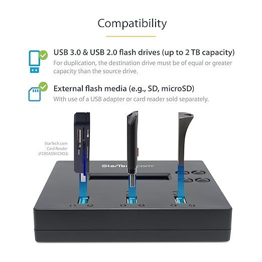 StarTech.com Standalone 1 to 2 USB Flash Drive Duplicator / Cloner / Eraser, Multiple USB Thumb Drive Copier / Sanitizer, System File / Sector-by-Sector Copy, 1.5 GB/min, 3-Pass Erase, LCD, TAA