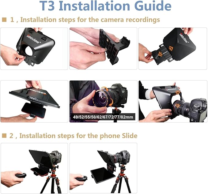 Desview T3 Portable Teleprompter for iPad Tablet iPhone up to 10 inch High Definition 70/30 Beam Splitter Glass with Remote Control for DSLR Camera Smartphone Video Recording (9 Lens Adapter Ring)