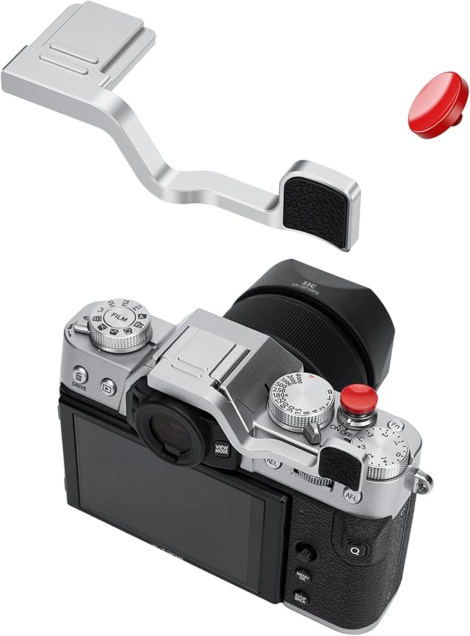 JJC Metal Thumb Grip & Soft Shutter Button for Fuji Fujifilm X-T30 III X-T30 II XT30 III XT30 X-T20 X-T10 Mirrorless Camera, Hot Shoe Cover Protector Thumb Rest for Stable Safe Hand Hold, Silver Color