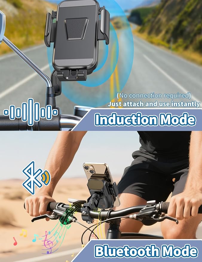 Phone Holder Induction Speaker for Bike, 4.7-7.4" Phones Stand Mount with Bluetooth Speaker Amplifier, Scooter Motorcycle Handle Bar Multifunctional Clamp, 360° Rotating, IP65 Water Resistant