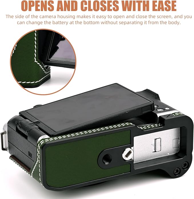Uchandmade Handmade Genuine Leather Camera Half Case for Fujifilm X-M5/Fujifilm X-M5 Camera Case/Fujifilm X-M5 Case - Top Layer Cowhide Body + Metal Base Plate+ Hand Shank Design (Green M-BOX)