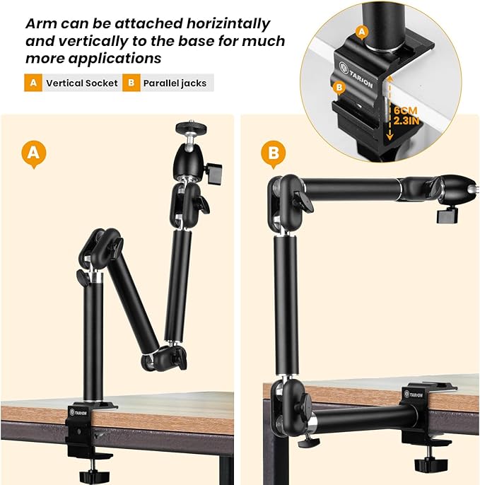 TARION Top Tripod Camera Desk Mount + 11in Magic Arm with Super Clamp, 360°Flexible Articulating Arm with 3/8'' Screw and 3/8'' to 1/4'' Screw + 3 Articulating Arms with 1/4" and 3/8" Thread