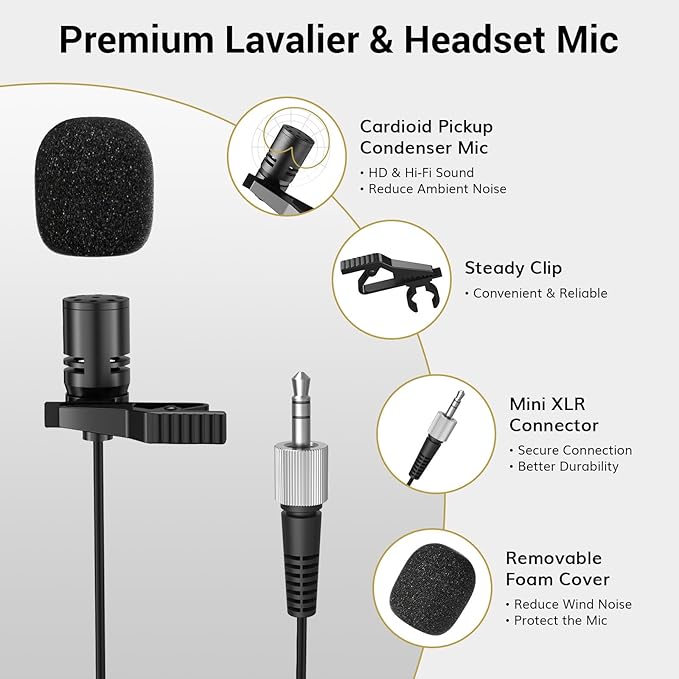 TONOR Wireless Microphones System with UHF Headset/Lavalier Lapel Mics, Bodypack Transmitter, Receiver, 4 * 10 Channels, 60 m/200ft Range for Church Conference Performance Singing Karaoke PA Speaker