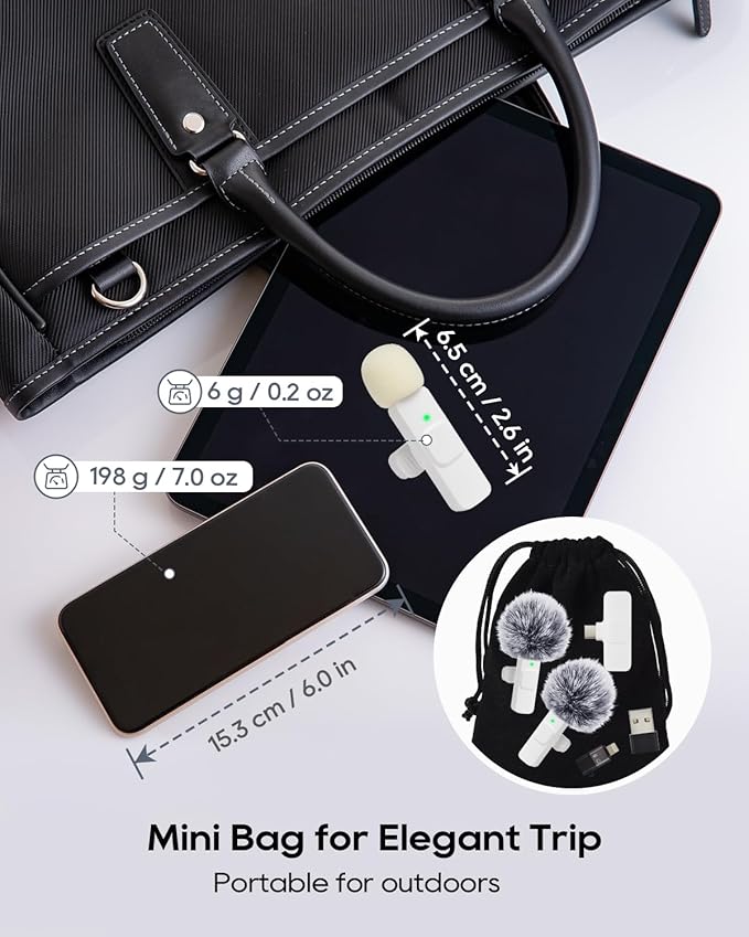 Mini White Microphone for iphone Android Phone Tablet ipad PC, Usb C Wireless Lavalier Mic for Video Recording Vlogging Youtube Tiktok Podcast Interview content creators, Tiny Microphones Clip on Mics