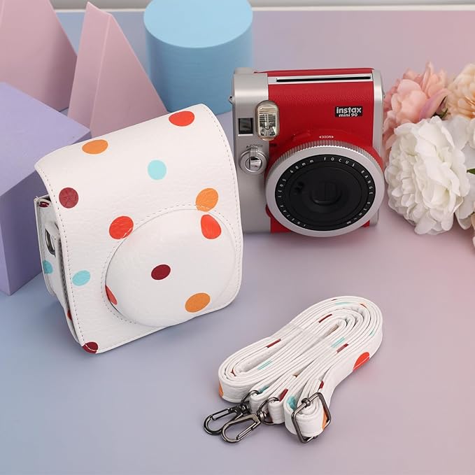 Frankmate Protective Case for Fujifilm Instax Mini 90 Instant Camera, Polka Dots PU Leather Camera Bag with Pocket and Adjustable Shoulder Strap