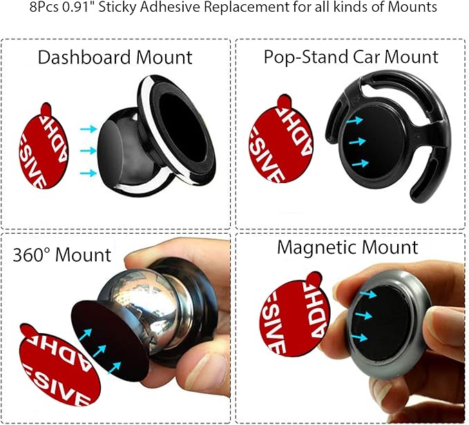 8 Pack Sticky Adhesive Compatible with Socket Mount Base, PKYAA Double-Sided Replacement Tape for Car Magnetic Phone Holder, 4 Pack Sticker Pads for Collapsible Grip & Stand Base