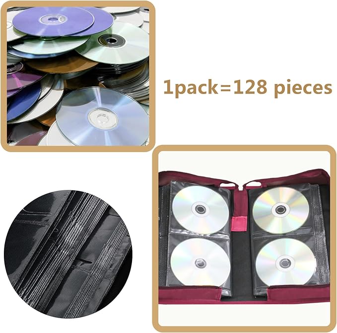 DVD Case CD Storage,128 Capacity CD Cases Holder DVD Storage Case Holders CD DVD Disc Case Storage Wallet Binder for Car Home Office Travel (128 Red)