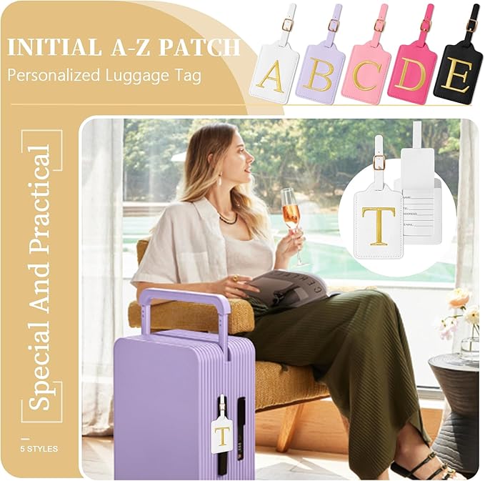 Personalized Initial Luggage Tags for Suitcase TSA Approved, White Leather Cute Luggage Tag with Privacy Cover Name Card, Embroidered Custom Luggage Tags Travel Baggage Tags Gifts for Women Kids(T)