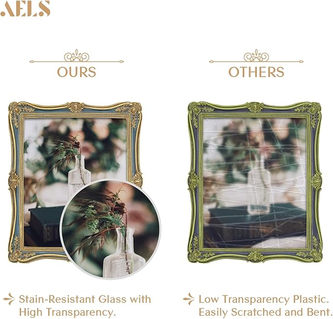 AELS 5x7/8x10 Inch Vintage Picture Frame, Elegant Antique Photo Frames with Glass Front, Photo Display, Tabletop Wall Hanging, Gift Ideas, Gold (Gold and Blue, 8x10)