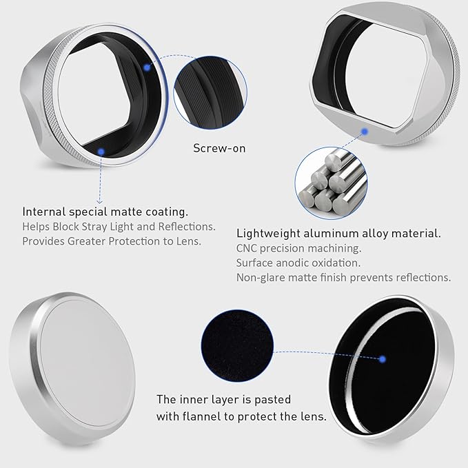Haoge Square Metal Lens Hood for Fuji X100VI Fujifilm FinePix X100V X100F X100 X100S X100T X70 Camera Accessories Silver with Cap and 49mm Adapter Ring Kit