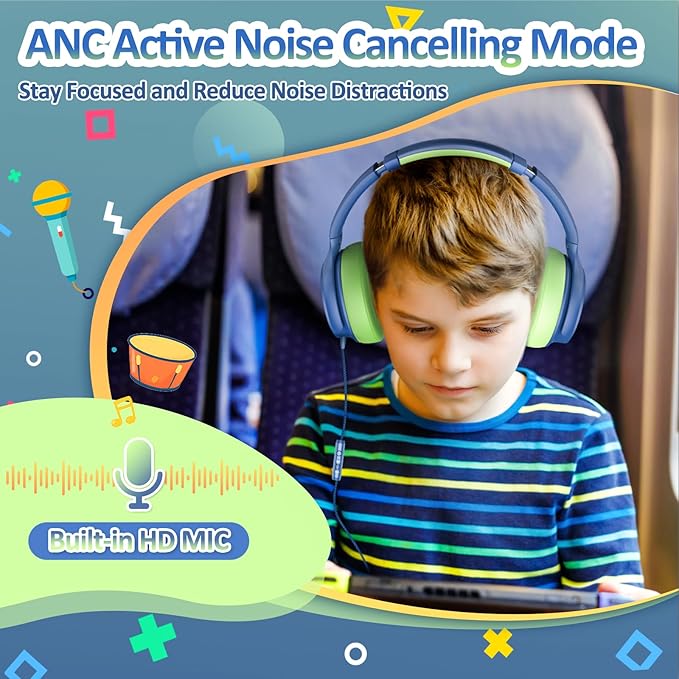 INFURTURE Kids Headphones Over-Ear with Microphone - Wired USB-C Headphones for Children, Active Noise Cancelling, 85/94dB Volume Limiting Safe Headset for School, Travel, Boys & Girls