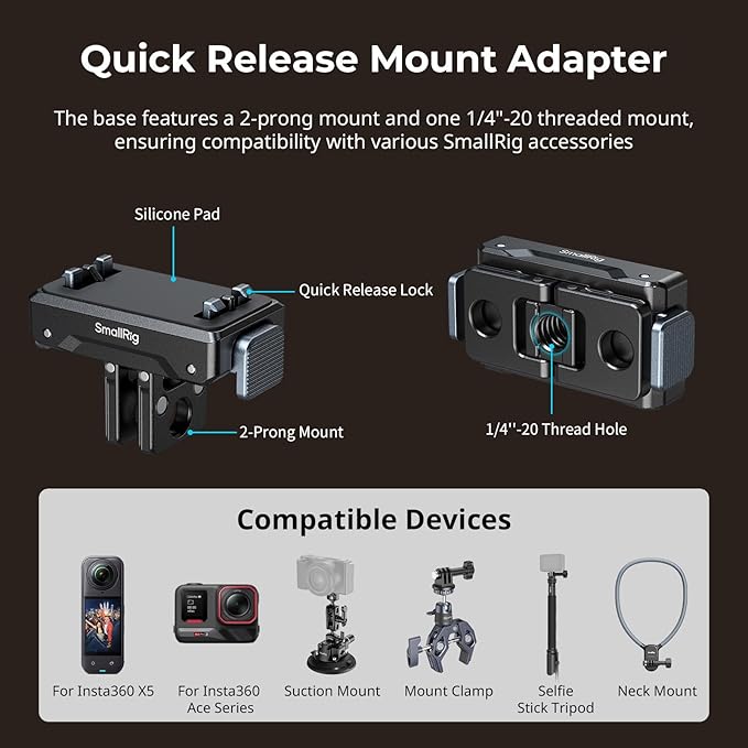 SMALLRIG Quick Release Mount Adapter for Insta360 X5 / X4 Air/Ace Pro 2 / Ace Pro/Ace, Adapter with 1/4"-20 Thread Hole, 2 Prong Mount for Tripods, Selfie Sticks, Vlogging Accessories - 5814