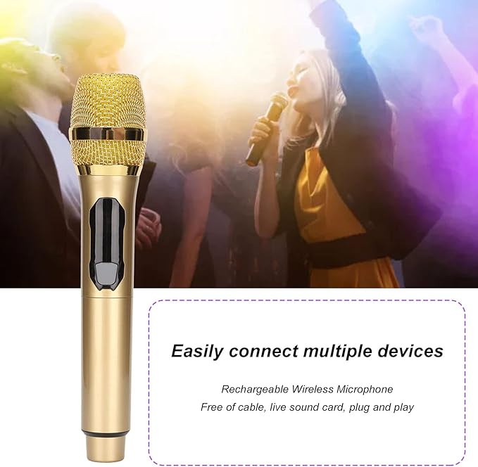 Handheld Microphone, Plug and Play Karaoke Wireless Microphone 50m Receiving 600Hz to 800KHz Multipurpose for Home (Gold)