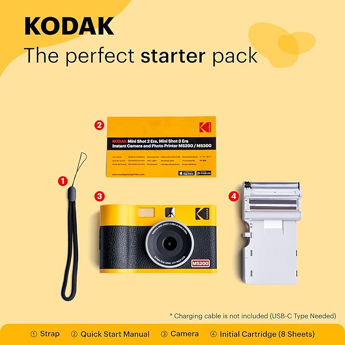 KODAK Mini Shot 2 ERA 4PASS 2-in-1 Instant Camera and Photo Printer (Yellow, Camera + 8 Sheets)
