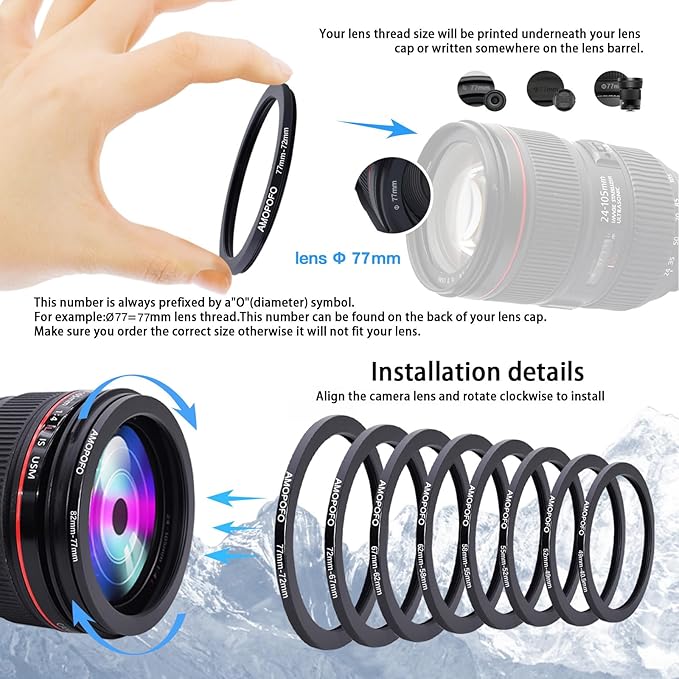 9pcs Step Down Ring Set,Camera Lens Adapter Ring 82-77mm/77-72mm/72-67mm/67-62mm/62-58mm/58-55mm/55-52mm/52-49mm/49-40.5mm.Made of CNC Machined Aluminum
