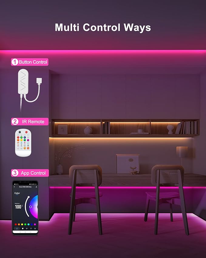 32.8ft Bluetooth RGB COB Led Strip Lights with Remote, Dimmable Smart App Led COB Light Strip, Color Changing Music Sync, Indoor RGB Led Lights for Bedroom, Home Decor, Party