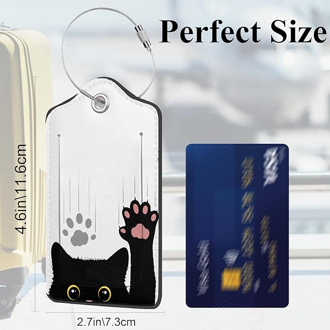 Set of 2 Luggage Tags for Suitcases, Leather Cute Black Cat Baggage Tags with Stainless Steel Loop, Privacy Name ID Card Cover Kawaii Travel Labels for Women Men Kids Girls