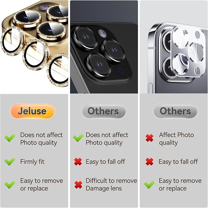Jeluse Camera Lens Protector for iPhone 17 Pro Max/17 Pro/16 Pro Max/16 Pro/15 Pro Max/15 Pro/14 Pro Max/14 Pro, 9H Tempered Glass Screen Protector Cover Alignment Kit Metal Individual Ring