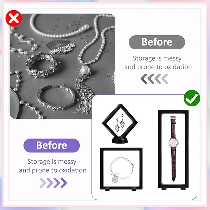 12 Pcs 3D Floating Display Case, 3 Sizes Black Challenge Coin Display Stand Rectangle Clear PE Film Jewelry Frame Holder Stands with Base for Jewelry, Specimen, Rock, Gem, Coin