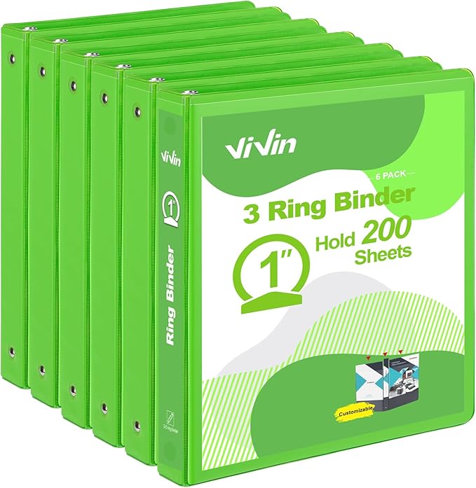 ViVin 1 Inch Round Ring View Binder for Durability, Standard 3 Ring Binder for 200 Sheets of US Letter Size Paper, PVC-Free, 6-Pack (Ivy Green)