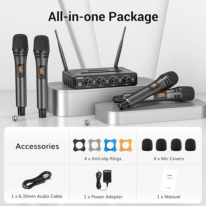 TONOR Wireless Microphones System with 4x10 Channels Cordless Handheld Microfono Inalambrico, 60 m/200FT UHF Range, Mics with Stable Signal Transmission for Karaoke Singing Party Church Wedding
