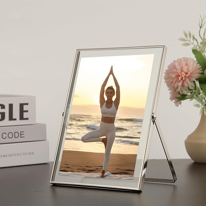 6x8''Silver Floating Photo Frame Set of 2, For Photo Sizes (4x6'' 5x7''), Metal beaded Edge 5x7 floating Picture Frames silver for Tabletop/Shelf, Classy Gift Choice for Wedding