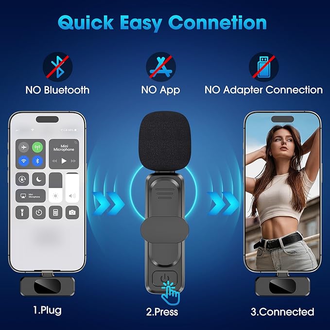 NICHOM 3 in 1 Wireless Lavalier Microphone for iPhone/iPad/Android/PC/Camera,Mini Mic with Noise Reduction, Mini Microphone for Video Vlog,Interviews,Live Streaming(Lightning/USB C/3.5mm Jack)