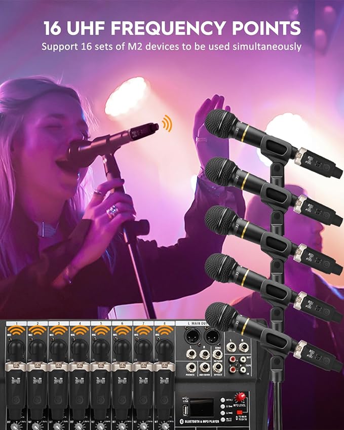 STRICH M2 UHF Wireless Microphone System XLR Mic Adapter 16 Channels, Transmitter and Receiver for Dynamic Microphone, Supports 9-24V Phantom Power Supply, Compatible with Audio Mixer PA Speaker