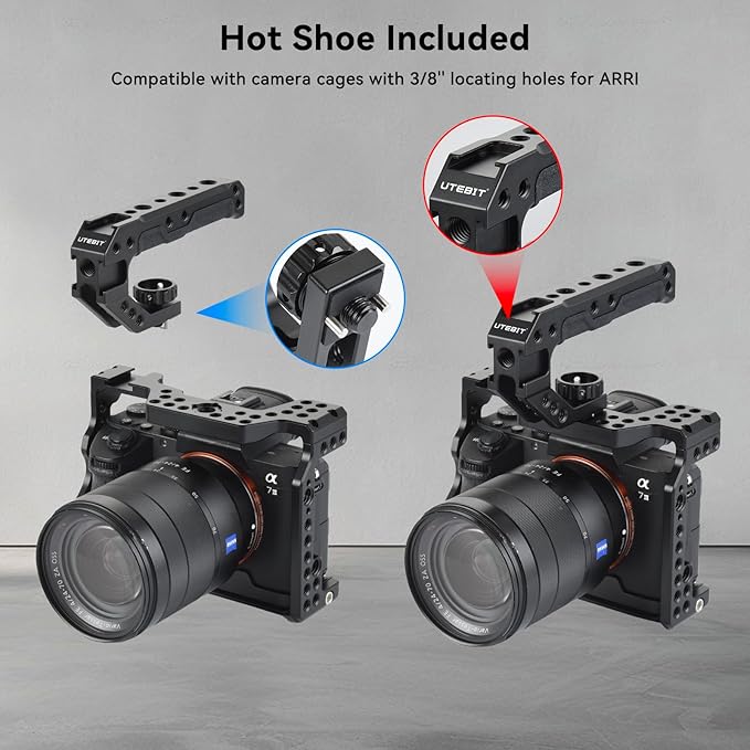 UTEBIT Camera Top Handle with 3/8" ARRI Locating Pins for Camera Cage, Universal Camera Grip Top Handle Lightweight, 1/4" Screw & 3 Cold Shoes Compatible with SmallRig Handles Camera Cages Video Rigs