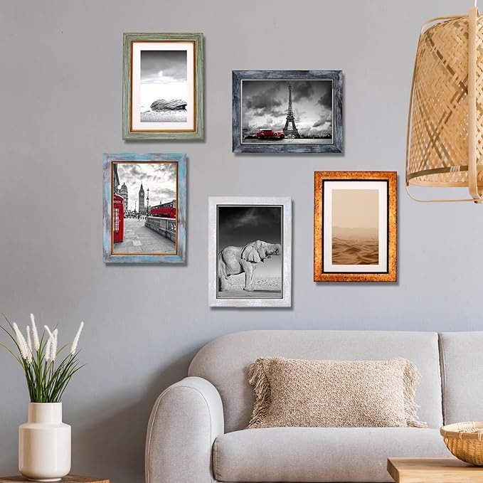 Fixwal 5x7 Picture Frame Set of 5, Vintage Photo Frame, Rustic Retro Picture Frame with Tempered Glass, Decorative Art on Walls and Tabletop Placement