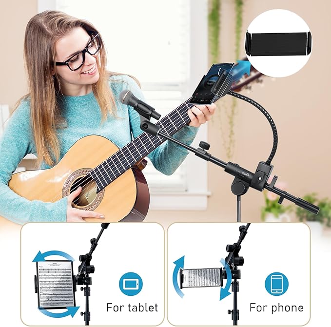 GUITTO Microphone Floor Stand with Phone/Tablet Holder, Adjustable Boom Mic Stand with Heavy-Duty Base, Dual Device Mount for Streaming, Podcasting, Recording, and Live Performances GMS-04