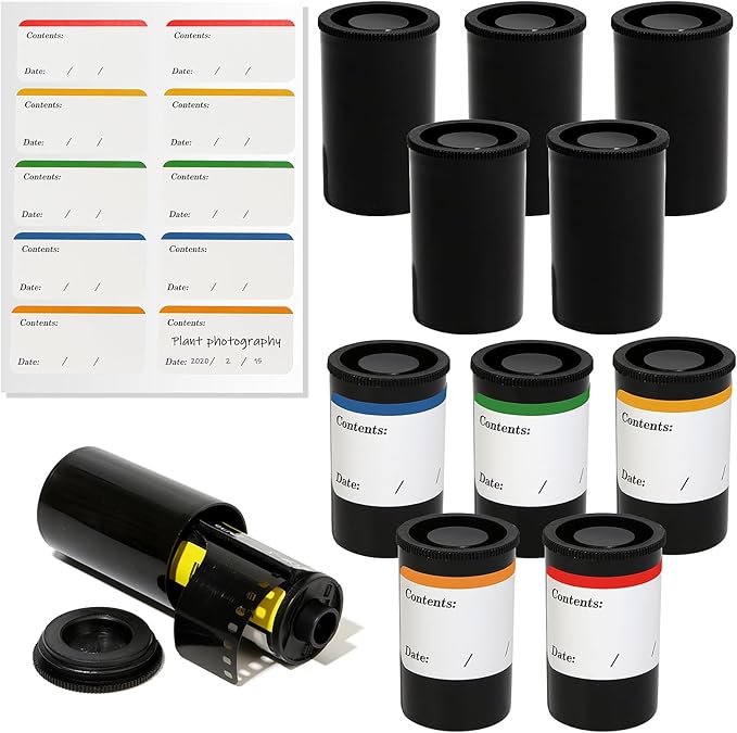 35mm Film Negative Canisters with Caps 10pcs Film Storage Canister Comes with 10 Labels to Record the Subject of the Negatives