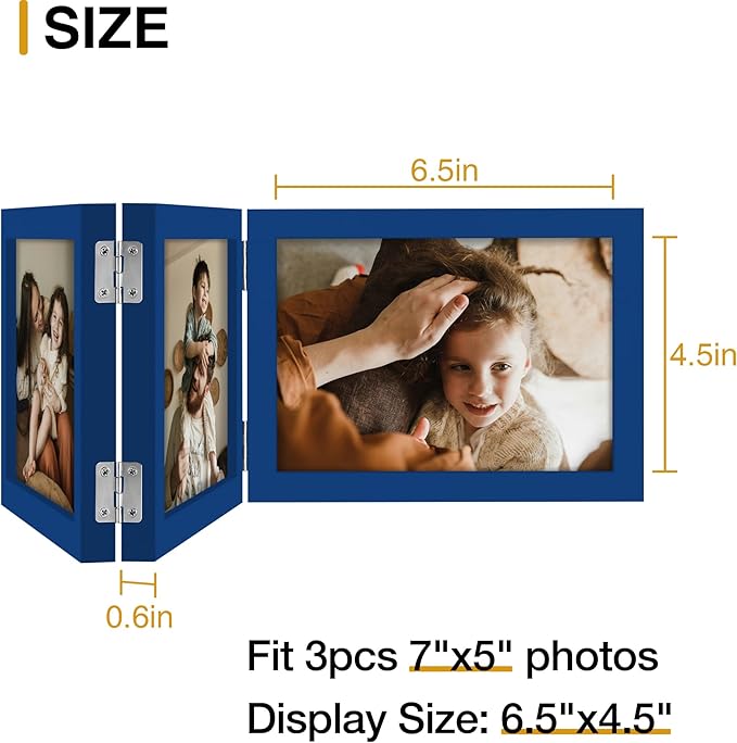 decorUhome Triple 7x5 Picture Frame Horizontal, Engineered Wood Trifold Photo Frame with Plexiglass for Tabletop Display, 7x5, Royal Blue