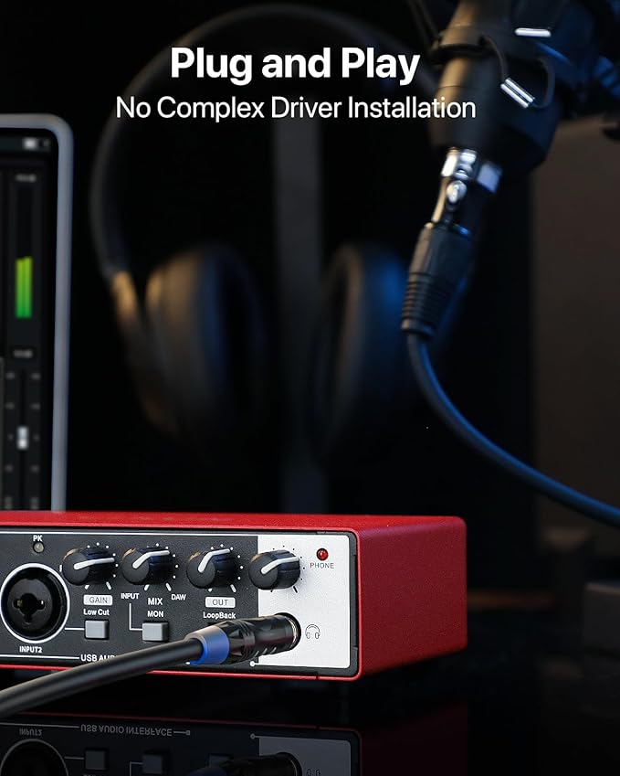 2x2 USB-C Audio Interface for PC/Mac Recording, 24-bit/192kHz, Dual TS/XLR Inputs, +48V Phantom Power, Studio/Podcast/Streaming(Matte Red)