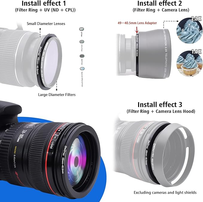 49mm to 40.5mm Camera Filters Ring,Filters Ring Compatiable All Brands Ø49mm Lens to Ø40.5mm UV ND CPL Camera Filter Accessory.Made of CNC