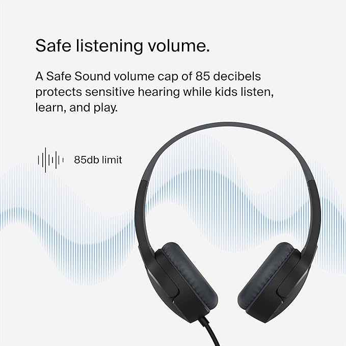 Belkin SoundForm Mini Kids Wired Headphones with Built-in Microphone & Fun Stickers, 85dB Safe Volume Limit – for Online Learning, Travel, Compatible w/iPhone 15, iPad, Galaxy S23, & More - Black