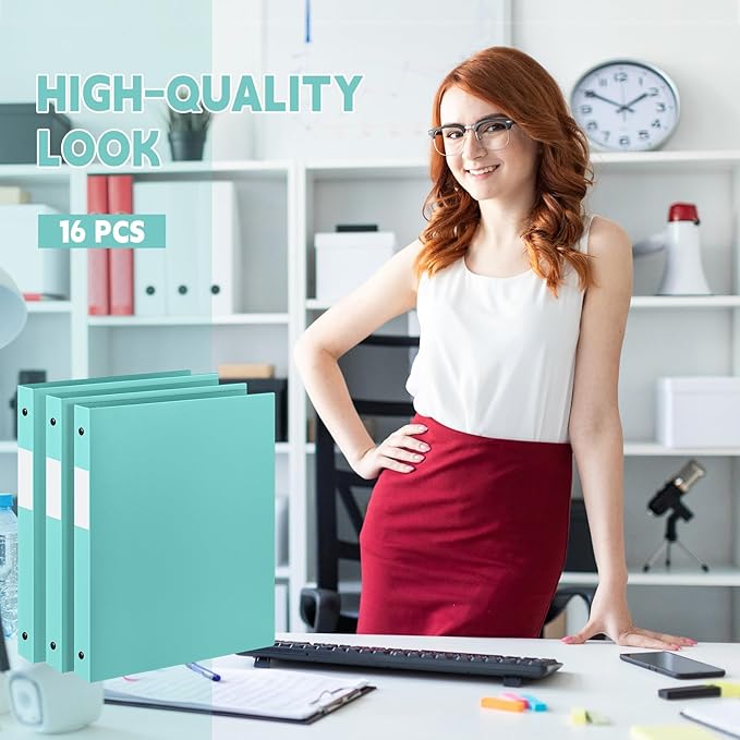 Henoyso 16 Pcs 3 Ring Binder 1/2'' Round Fits Letter Size 8.5'' x 11'' Paper Plastic Flexible Binder Holds 140 Sheets with 1 Pockets Versatile Organizer for Home Office School (Mint Green)